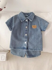 SHEIN 夏季水洗浅蓝色简约百搭时尚男童牛仔套装 - 藍色 - 查看 5