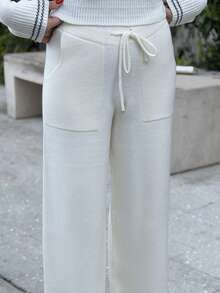 Durrani Popal Knitted Large Pocket Detail Tie Waist Sweater Trousers Wide Leg Old Money Summer Vacation Airport Holiday Summer Beach Fall Back To School Christmas Work Office Winter Thanksgiving Chic - Apricot - View 3