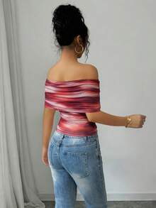 Olithes Camiseta ajustada con cuello cuadrado, hombros descubiertos y dobladillo fruncido, elegante para mujer, primavera/verano - Púrpura malva - Ver 2