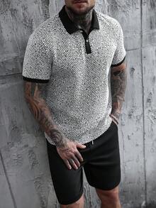 SLATEMANN Men's Knitted Short Sleeve Polo Shirt And Shorts 2-Piece Set, Casual Button Collared Outfit,Black And White,Summer,Streetwear,City Break Gift - Black and White - View 4