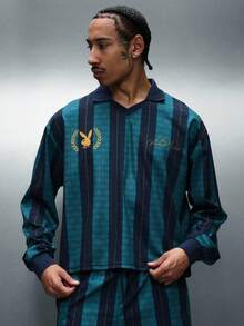 PLAYBOY X SUMWON Striped Long Sleeve Polo Shirt With Embroidered Logo And Number 22 Detail - Multicolor - View 4
