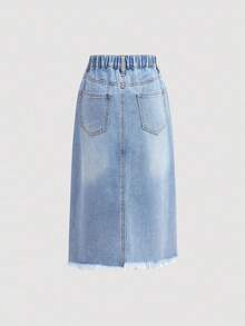 SHEIN 女童粉色爱心刺绣蓝色牛仔破洞裙 - 淺色水洗藍 - 查看 3