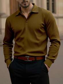 Manfinity Homme Men's Solid Color Ribbed Polo Shirt, Fall - Coffee Brown - View 3