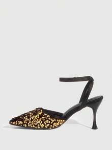 CUCCOO SZL Zapatos de mujer de tacón alto con diseño de lentejuelas brillantes para banquetes, fiestas y uso nocturno - Dorado - Ver 10