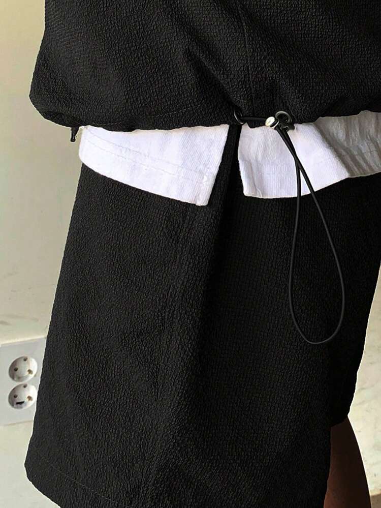 Solid Dark Grey Long Sleeve Jacket Paired With Shorts, Men's Commuter Outfit, Spring/Summer