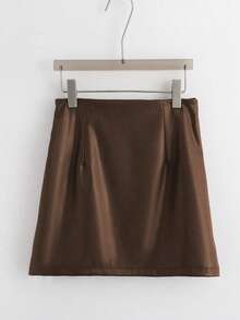 Franclia 优雅时尚短款褶裥可调节系带双层侧边隐形拉链PU皮酒红色女裙，秋冬款 - 咖啡棕 - 查看 2