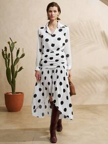 Airaco 2pcs Women Polka Dot Blouse And Pleated Skirt Set - Black and White - View 4