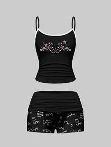 ROMWE Cute & Kawaii Emoticon Print Lace Camisole & Ruched Shorts Pajama Set, Casual Loungewear - Black - View 1