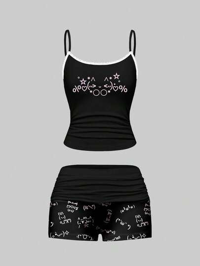 ROMWE Cute & Kawaii Emoticon Print Lace Camisole & Ruched Shorts Pajama Set, Casual Loungewear
