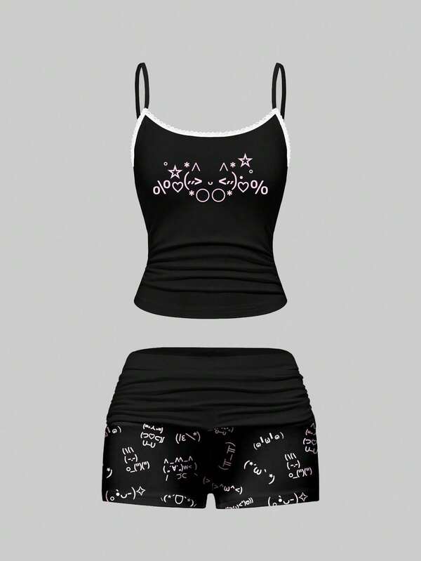 ROMWE Cute & Kawaii Emoticon Print Lace Camisole & Ruched Shorts Pajama Set, Casual Loungewear