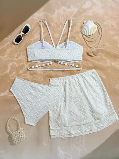 SHEIN Bộ đồ bơi màu trắng họa tiết sóng biển dành cho thiếu nữ. Được làm từ vải dệt kim co giãn, nhanh khô, thoải mái với họa tiết vỏ sò, thích hợp cho bãi biển, hồ bơi, bờ biển, lướt sóng, kỳ nghỉ, mùa hè, du lịch. Bộ hai mảnh màu trắng cho kỳ nghỉ, bộ đồ hai mảnh cho thiếu nữ, áo ống trắng cho kỳ nghỉ, bộ hai mảnh cho bé gái.