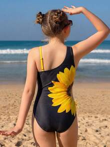 1pc Sunflower Print Hollow-Out Side Design One-Piece Swimsuit For Women, Vacation Style - Black - View 2
