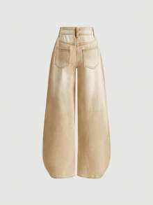 SHEIN ICON 女士休闲复古宽松牛仔裤，带腰带环 - 杏色 - 查看 2