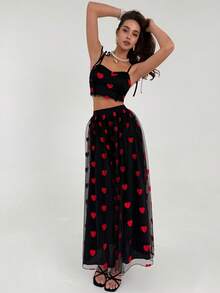 Rafferiza Women's Black Summer Elegant Lace Heart-Shaped Embroidery Strapless Halter Top And Skirt Set,Birthday Party Valentine's Day Wedding Banquet Fashion - Black - View 3