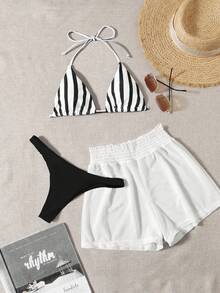 Swim Mod Bộ bikini 3 món kẻ sọc xanh trắng gồm quần bơi và quần short trắng, kiểu dáng giản dị và tối giản, thích hợp cho kỳ nghỉ xuân/hè hoặc tiệc bãi biển. - màu đen - Xem 3