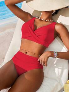 Swim SXY 全新 V 领纯色高腰两件套比基尼套装女士泳衣，适合海滩和夏季度假装 - 紅色 - 查看 1
