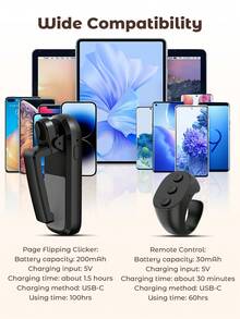 Teckwe Giravolta pagine multifunzione per lettura e scorrimento, clicker giravolta pagine per iPad, telefoni, tablet, telecomando senza fili per fotocamera e videocamera - Nero - Multicolore - Visualizzare 6