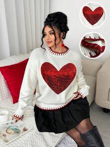 Elenzga Women's Red And White Elegant Fashion Cute Bow Tie Long Sleeve Loose Plus Size Sweater,Autumn Valentine's Day Jumper For Woman Everyday Sweater Tops - White - View 1