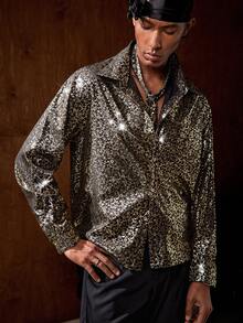 AKNOTIC Business Casual 黑色底金色箔片前扣优雅长袖衬衫男士图案衬衫男士长袖衬衫男士纽扣衬衫 Jackpot 男士闪亮衬衫 Sumwon 男士亮片衬衫 Old Money - 黑色 - 查看 4