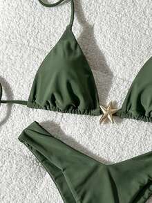 Swim Mod Bộ bikini hai mảnh màu trơn dành cho nữ, trang trí kim loại, gợi cảm, thích hợp cho mùa hè. - màu xanh lá - Xem 3