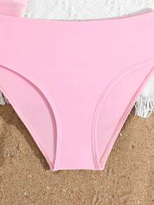 SHEIN Teen Girls Bikini Sets,Pink Mesh Knitted Strapless Top,3 Piece Bathing Suit With Sarong Skirt Triangle Pants,Elegant Summer Beach Vacation Holiday - Pink - View 4
