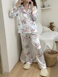 两件套女童优雅白色碎花印花翻领开衫和休闲裤舒适家居服