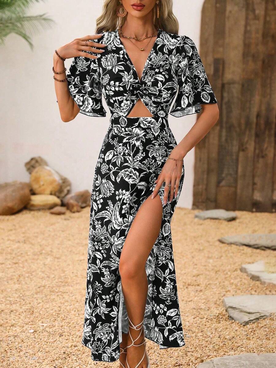 Breezaya Đầm maxi nữ kiểu dáng thắt nút xoắn phía trước, in hoa, xẻ tà bên hông, hở lưng. - màu đen - Xem 1