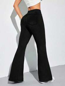 SHEIN PETITE Women's Elastic Waist Pocket Casual Flare Leg Jeans - Black - View 3