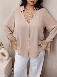 Modelyn Camisa holgada de encaje y parches, adecuada para uso diario en primavera y otoño, talla grande - Caqui - Ver 3