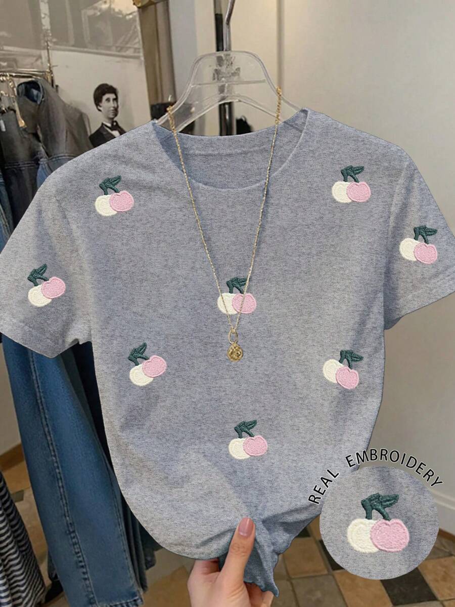Resyla Women's Casual Cherry Embroidery Short Sleeve T-Shirt, Summer - Grey - View 1