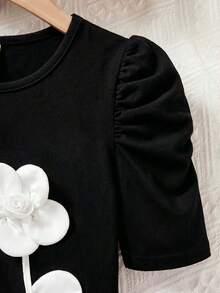 SHEIN Tween Girls' Casual Solid Color Round Neck Short Sleeve Beaded Top - Black and White - View 4