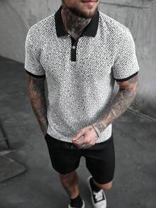 SLATEMANN Men's Knitted Short Sleeve Polo Shirt And Shorts 2-Piece Set, Casual Button Collared Outfit,Black And White,Summer,Streetwear,City Break Gift - Black and White - View 3