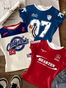 3件套少女休闲创意个性清新简约高品质加州23 07马蝴蝶结徽章五角星字母印花紧身短款T恤，舒适日常穿着，适合春、夏、秋季 - 彩色 - 查看 1