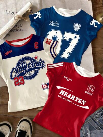 3pcs/Set Teen Girls Casual Creative Personalized Fresh Minimalist High-Quality California 23 07 Horse Bow Emblem Pentagram Letter Graphic Print Tight Cropped T-Shirt, Comfortable Daily Wear, Suitable For Spring, Summer, Autumn Sports T-Shirts Childrens Graphic Tees