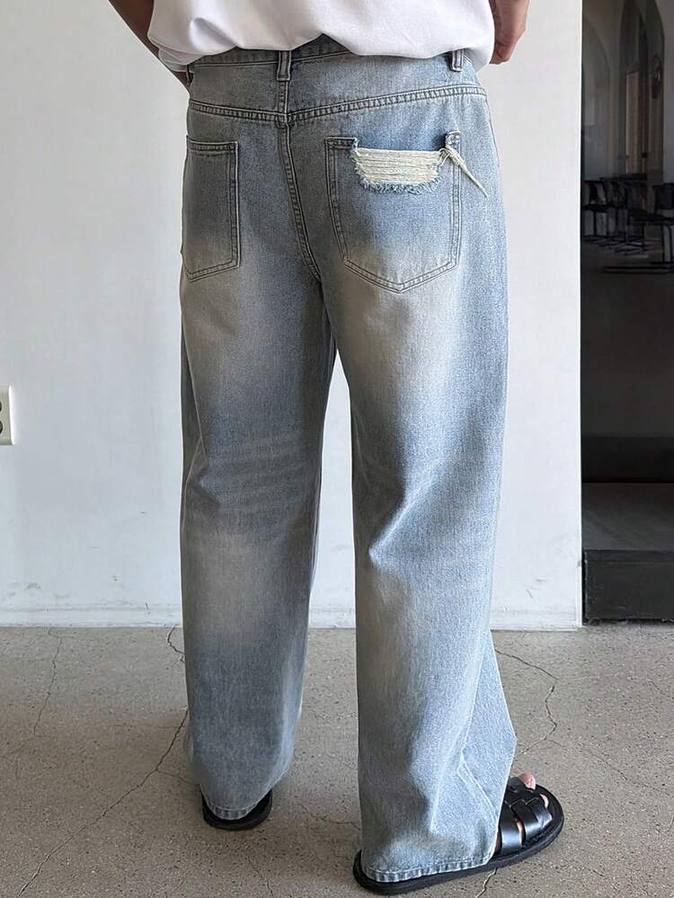 Men's Washed Vintage Blue Denim Jeans, Spring