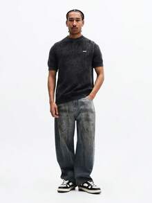 SUMWON Suéter de cuello redondo de manga corta de punto con efecto lavado y ajuste boxy para hombre - Negro - Ver 3