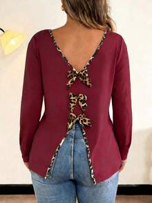 Vionelle Women's Plus Size Deep V Neck Long Sleeve Plain Tee With Leopard Print Bow Detail - Red - View 2