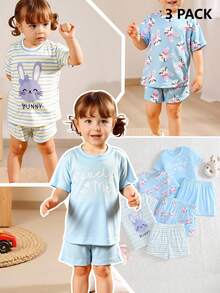 SHEIN Vintaside Kids 6件套女婴新生儿幼儿0-3岁春夏新款可爱兔子纯色条纹T恤短裤套装 - 藍色 - 查看 3