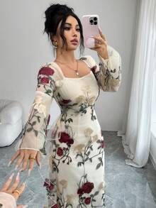 SHEIN Elenzya Đầm dài màu mơ phối lưới hoa hồng thanh lịch mùa xuân/hè mới dành cho nữ, đầm đi nghỉ mát, đầm đi biển thường ngày, thích hợp cho buổi hẹn hò ngày Valentine, tiệc tùng, gặp gỡ hàng ngày, đi chơi, đầm dự tiệc cưới. - Màu be - Xem 7