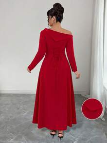 Elenzga Plus Size Red Autumn Elegant Satin Formal Soft Knit Asymmetric Shoulder Asymmetrical Hem Turtleneck Long Sleeve Waist Fit A-Line Dress For Parties - Red - View 2