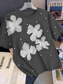 SHEIN Tall CURVE 大码女式夏季水钻装饰圆领T恤 - 灰色 - 查看 1