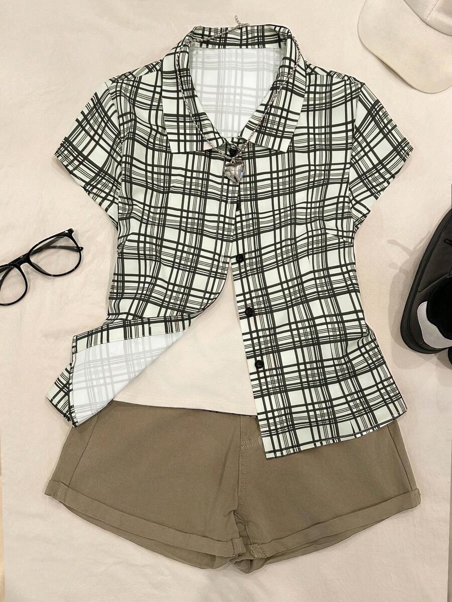 INAWLY 女士格子短袖单排扣休闲衬衫 - 白色 - 查看 1