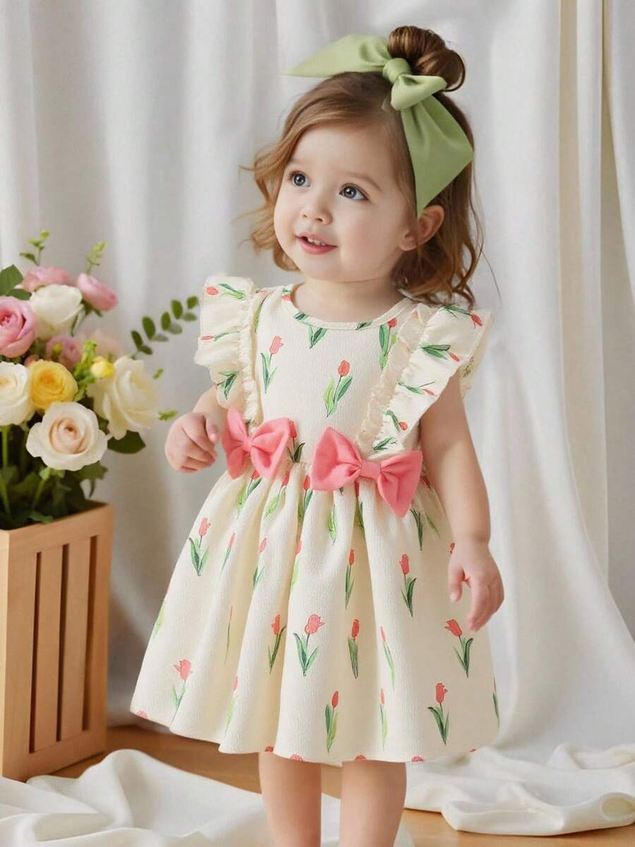 SHEIN Vintaside Kids 1件女婴可爱休闲紫色郁金香图案蝴蝶结装饰连衣裙,适合夏季、户外和度假穿着。 - 彩色 - 查看 1