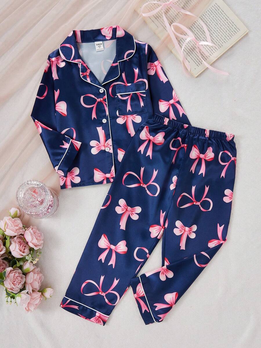 2pcs Girls Young Bow Print Long Sleeve Cardigan And Pants Homewear Set, Spring/Autumn - Royal Blue - View 1