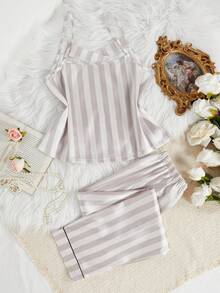 SHEIN Striped Print Faux Silk Camisole Top And Pants Women Pajama Set - Multicolor - View 6