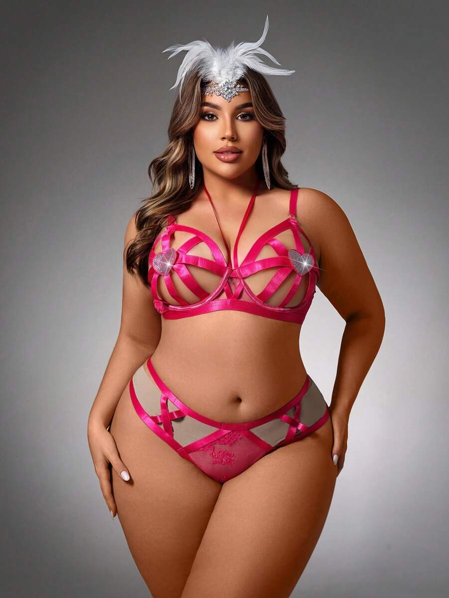 SpicyHot 2 piezas Conjunto de lencería sexy con parches de cinta - Rosa Fucsia - Ver 1