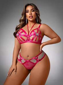 SpicyHot 2 piezas Conjunto de lencería sexy con parches de cinta - Rosa Fucsia - Ver 6