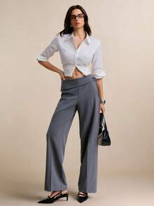 Poéselle Women's Pants Foldover Waist Pinstripe Wide-Leg Trousers – Adjustable Ring-Tie Workwear Pants Foldover Waist Pants, Pinstripe Trousers, Wide Leg Office Pants, Grey Dress Pants, Y2k Workwear, Tailored Wide Leg, Ring Belt Pants, Quiet Luxury Style Striped Fold-Over Waist Flared Leg Pants, Commuter Style Summer Outfits - Grey - View 5