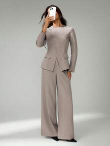 SHEIN Tall Women's Elegant Commuting Daily Versatile Street Fashion New Asymmetric Lapel Button Waist Long Sleeve Blazer And High Waist Long Pants Khaki Gray 2 Pieces Suit Set