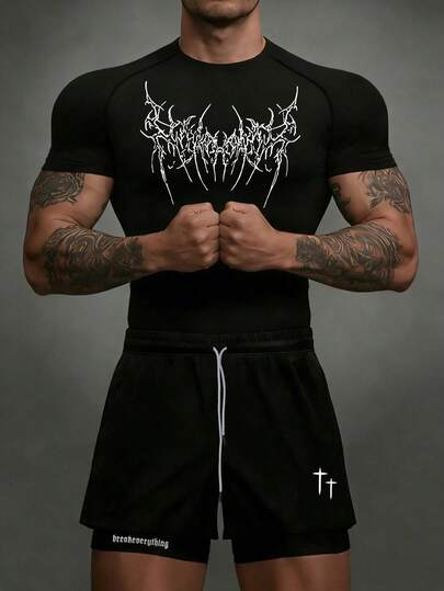 Manfinity Sport PWRUP 哥特风印花T恤短裤男士运动套装健身训练套装